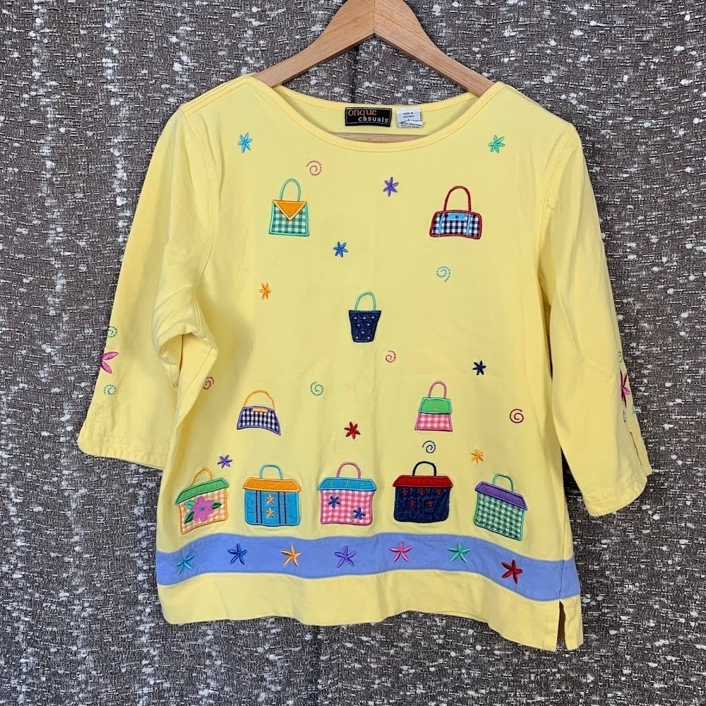 Vintage Onque Casuals Yellow Embroidered Shopping Bag‎ Shirt Women's Large